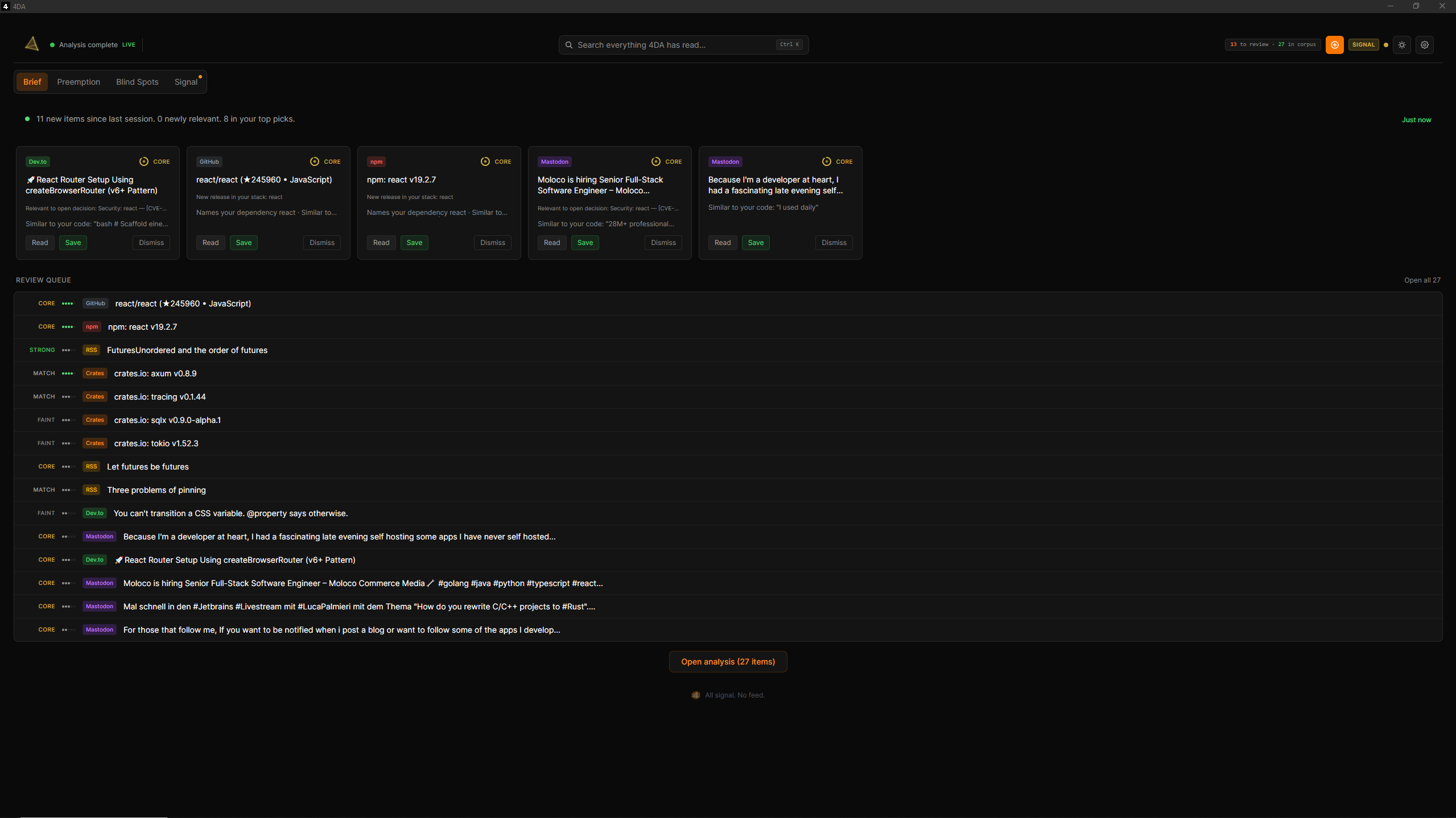 4DA Brief tab showing today's top picks and signal stream